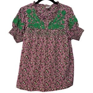 Sister Mary Pink Green 100% Cotton Embroidered Smocked Floral Blouse Size XS